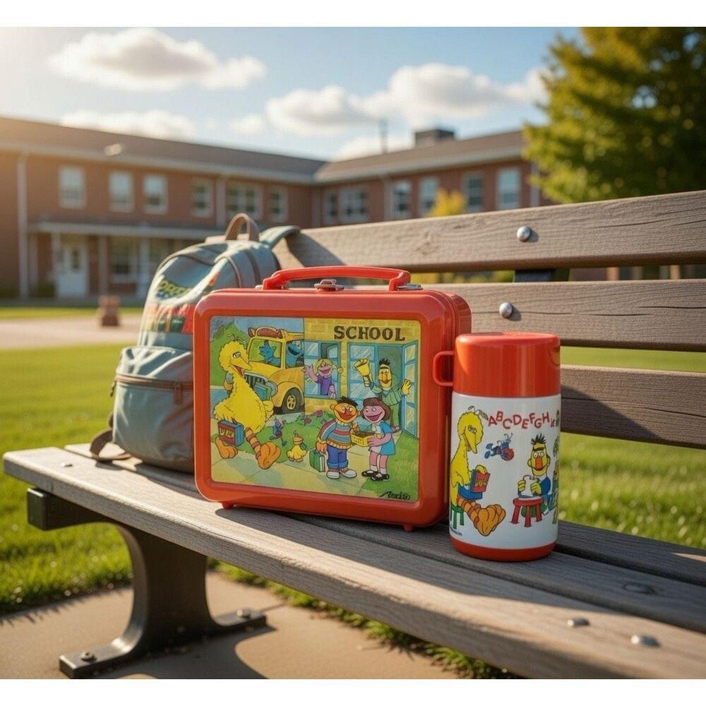Sesame Street Big Bird, Bert, And Ernie School” Red Plastic Lunchbox And Thermos